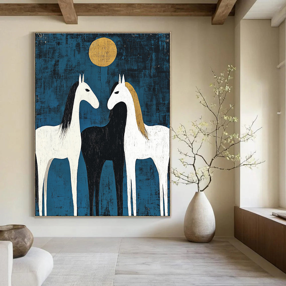 Two Horses Under Golden Moon - Symbolic Equine Abstract Art GAB0512