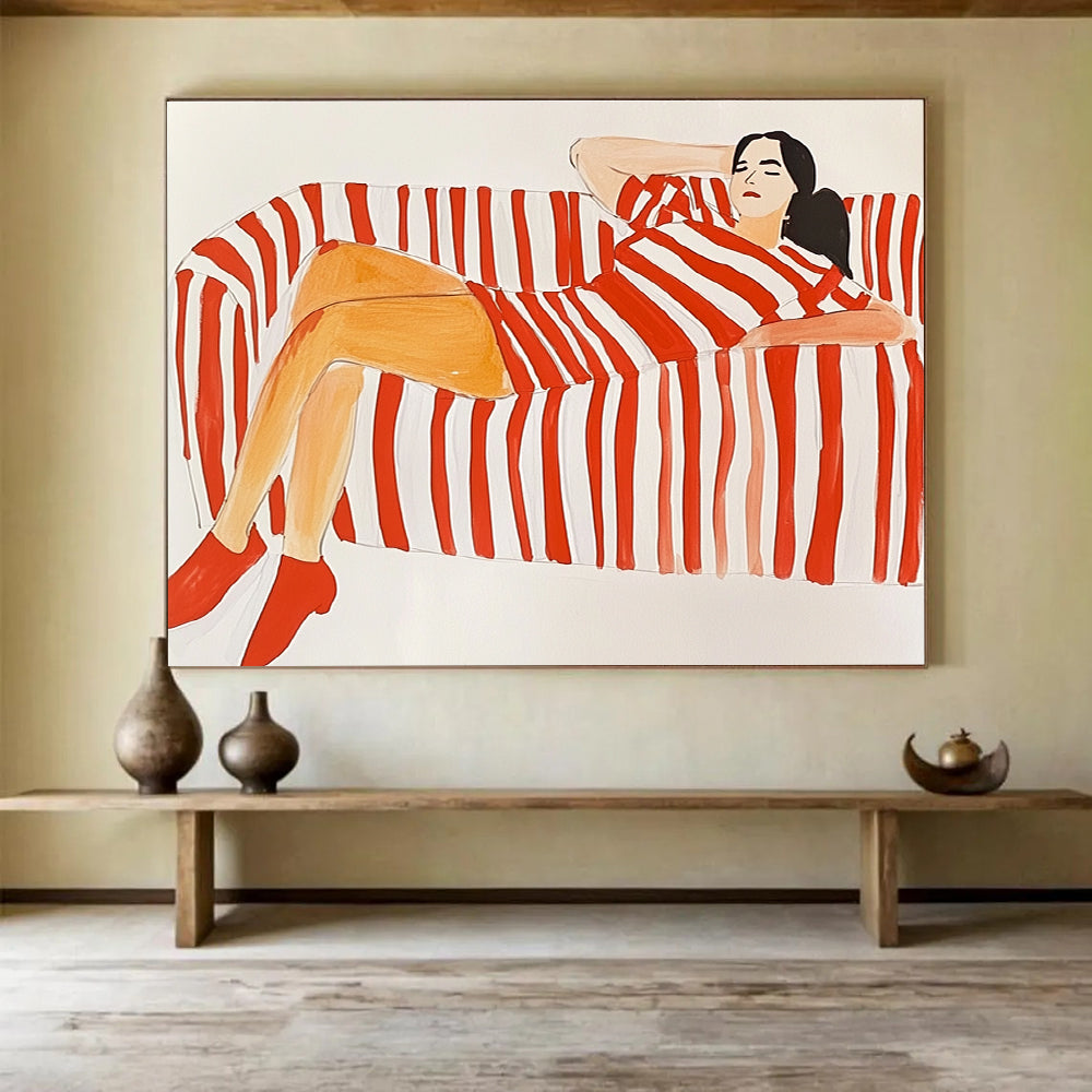 Figure on Striped Sofa in Red and White ABS089