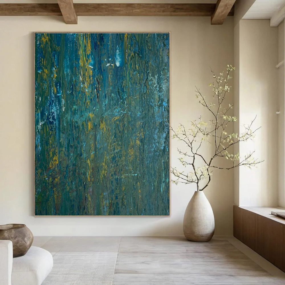 Teal and Yellow Textured Abstract Painting for Modern Beach Houses HENG461