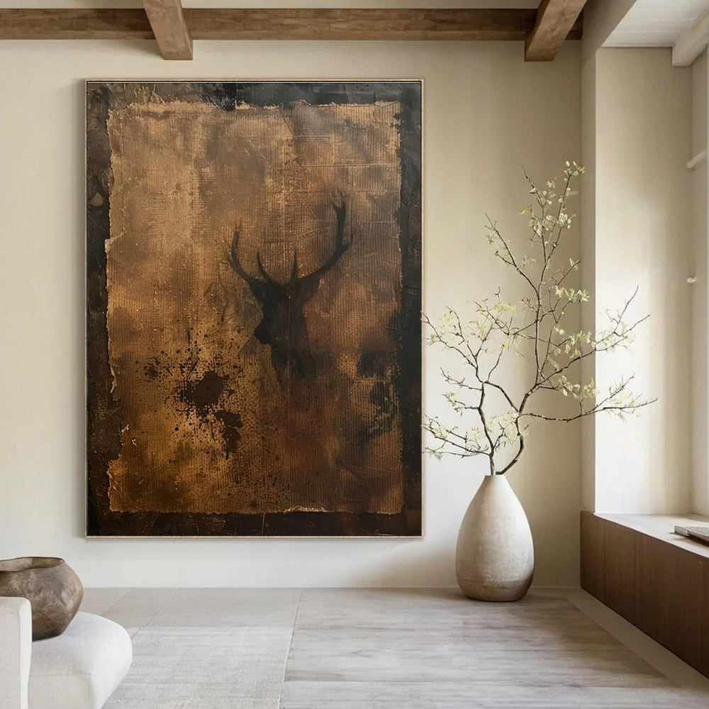 Vintage Deer Silhouette Mixed - Media Abstract Painting for Rustic - Style Cafes HENG475