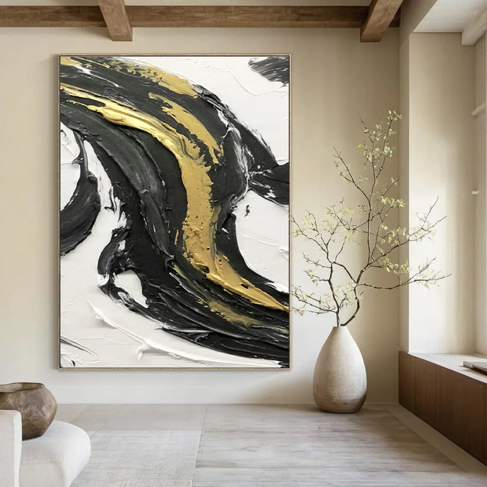 Black - White Horizontal Layer Art Abstract Painting for Minimalist Bedrooms HENG379