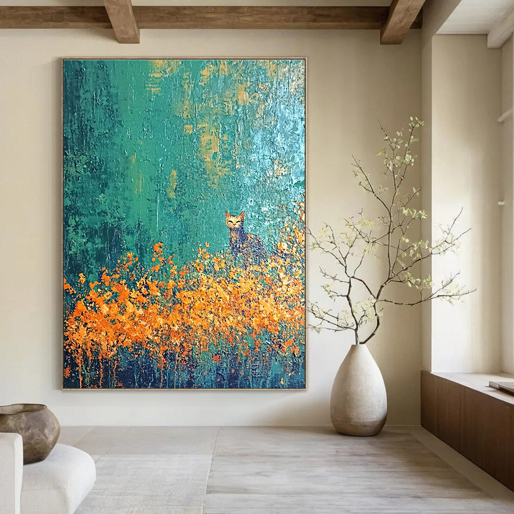 Cat in the Flower Field Enchanted Landscape Abstract Painting GAB0261