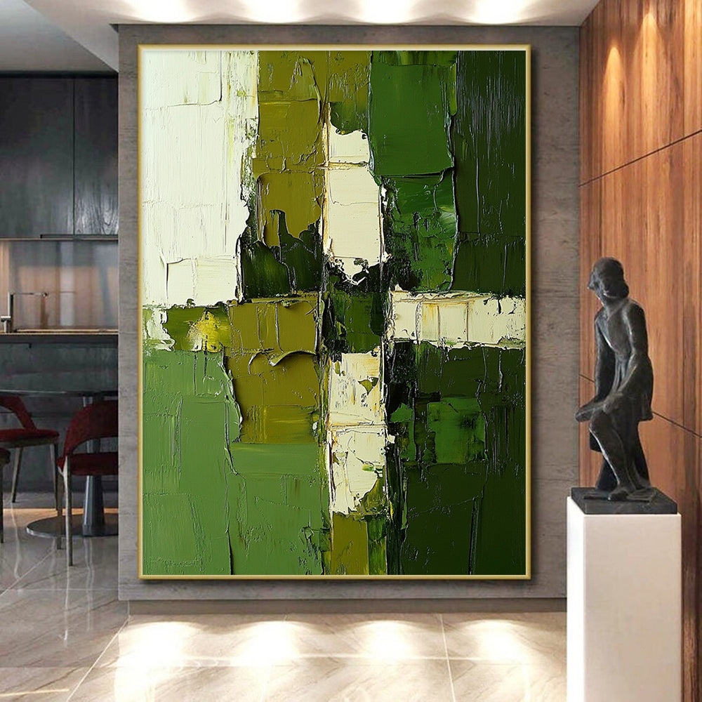 Green White Geometric Abstract Painting with Textured Precision WINK606