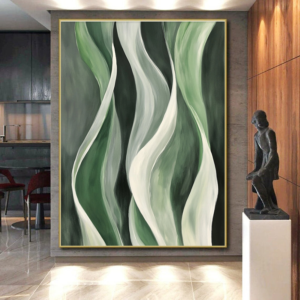 Green and White Flowing Forms Abstract Painting with Organic Grace WINK241