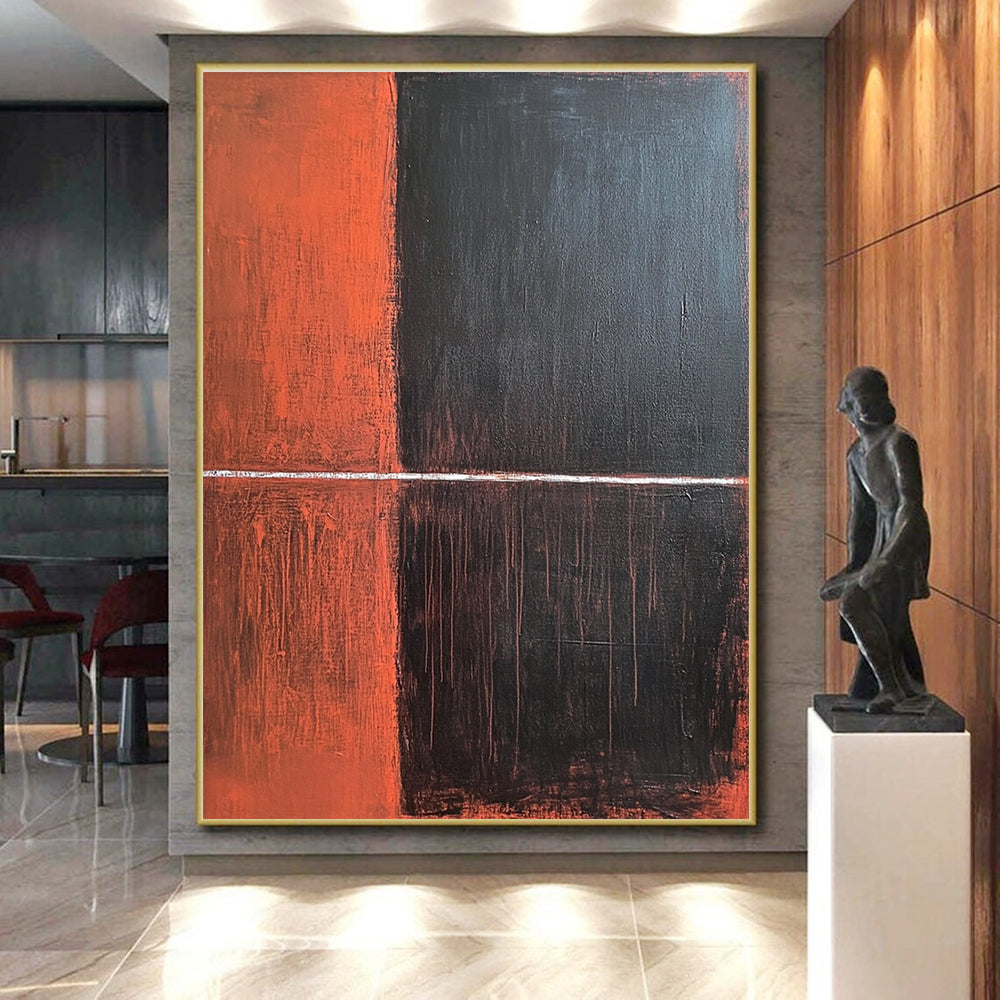 Orange and Black with White Line Abstract Painting with Bold Contrast WINK035