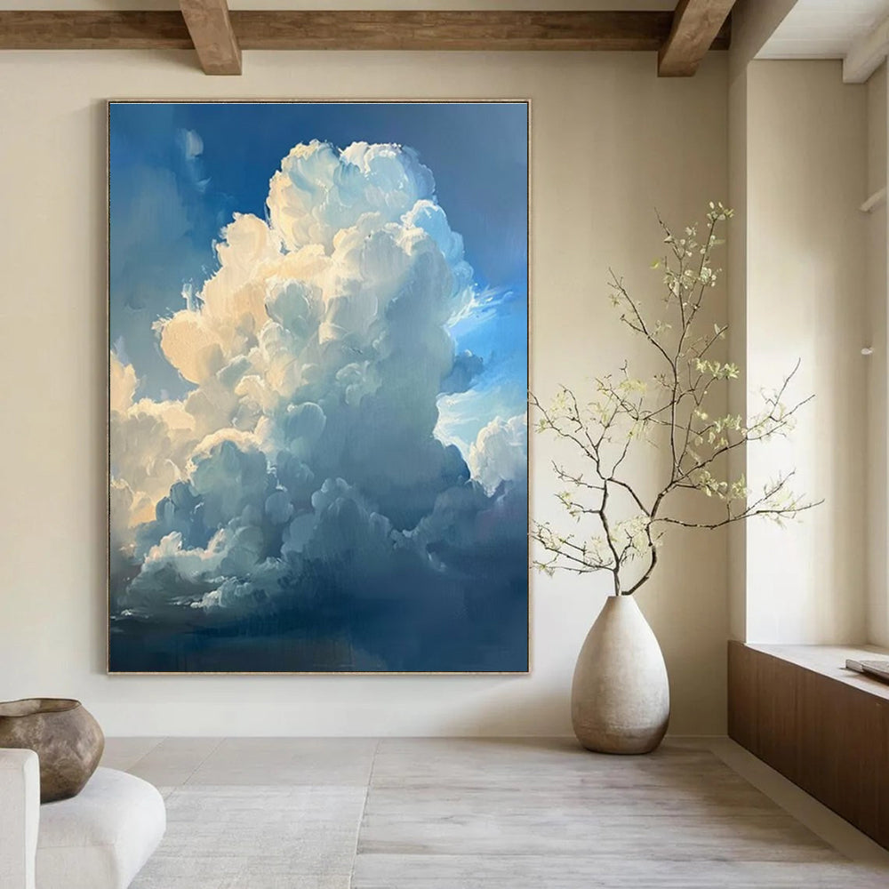 Fluffy Clouds Blue Sky Abstract Painting for Coastal Home Bedrooms HENG006
