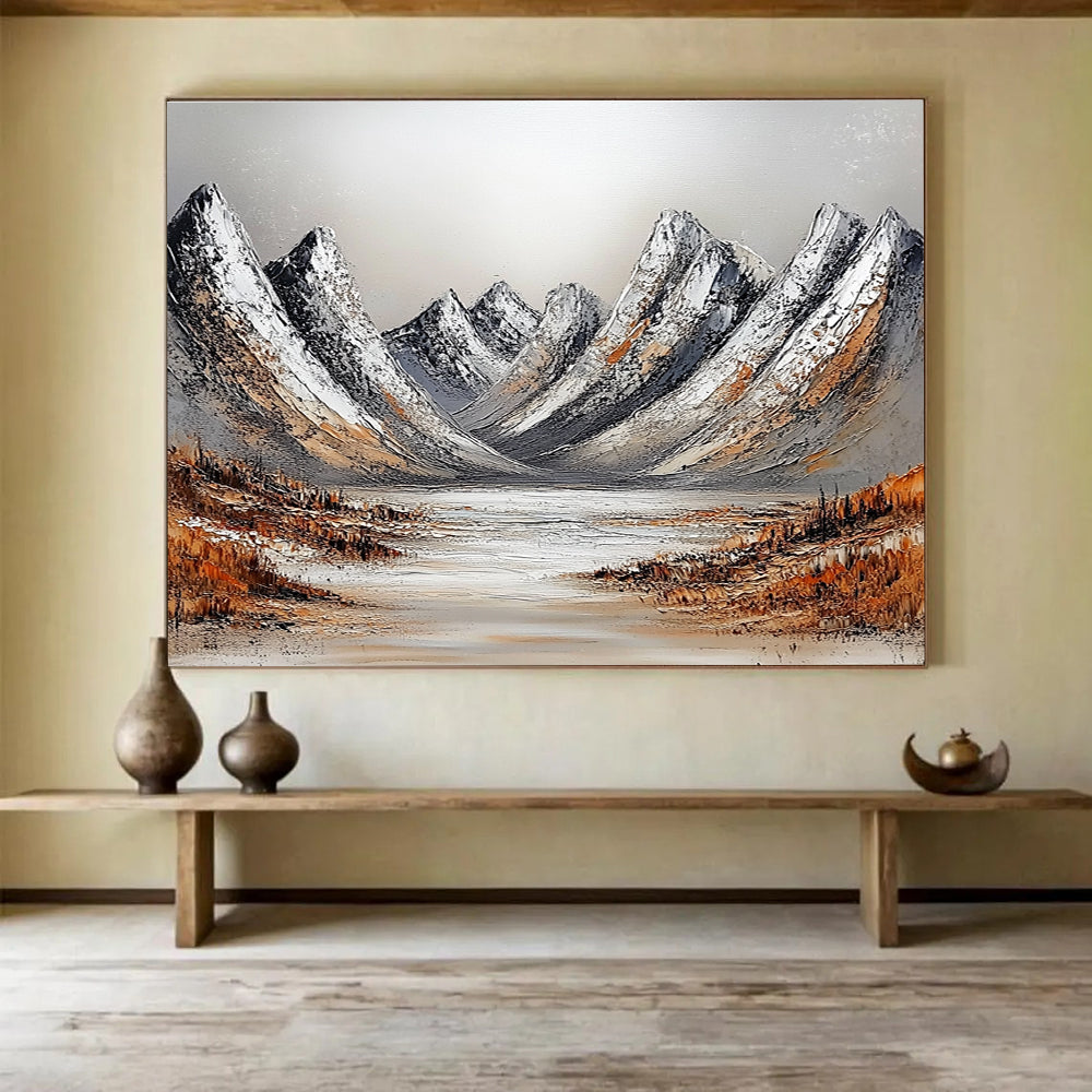 Snowy Mountains with Lake Abstract Painting with Frosty Serenity ABS608