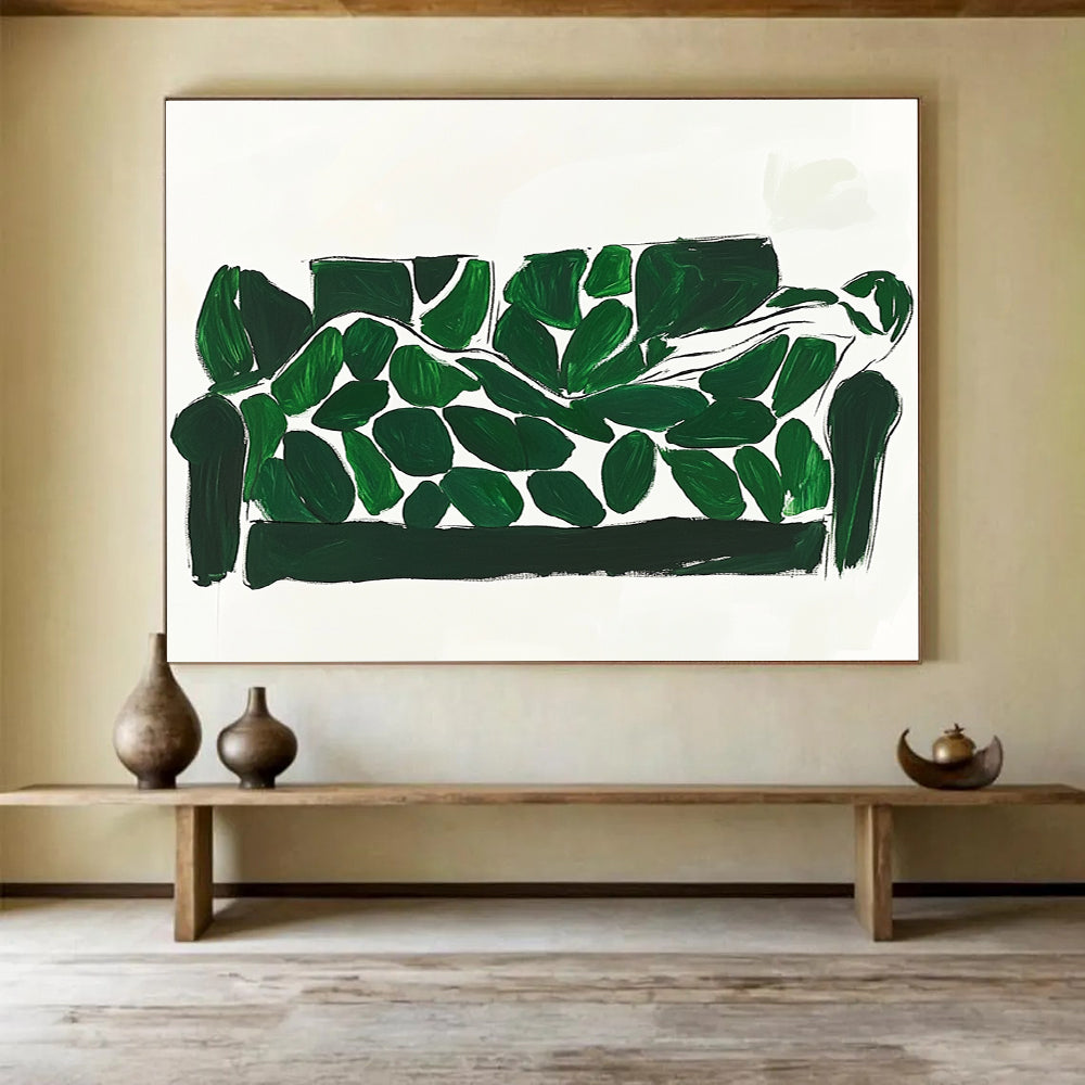 Whimsical Green Leaf Sofa Art Merging Daily Life and Creativity, Adding Playful Flair Abstract Painting ABS142