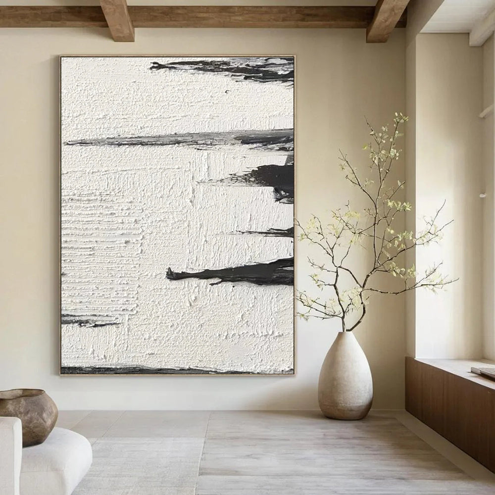 Black - White Textured Landscape Abstract Painting for Serene Home Offices HENG384