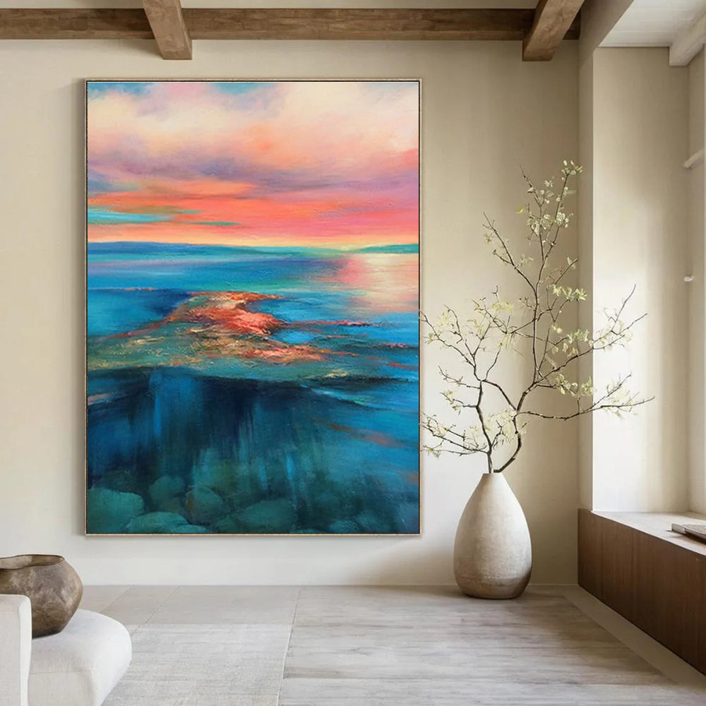 Colorful Sunset Seascape Abstract Painting for Beach House Living Rooms HENG018