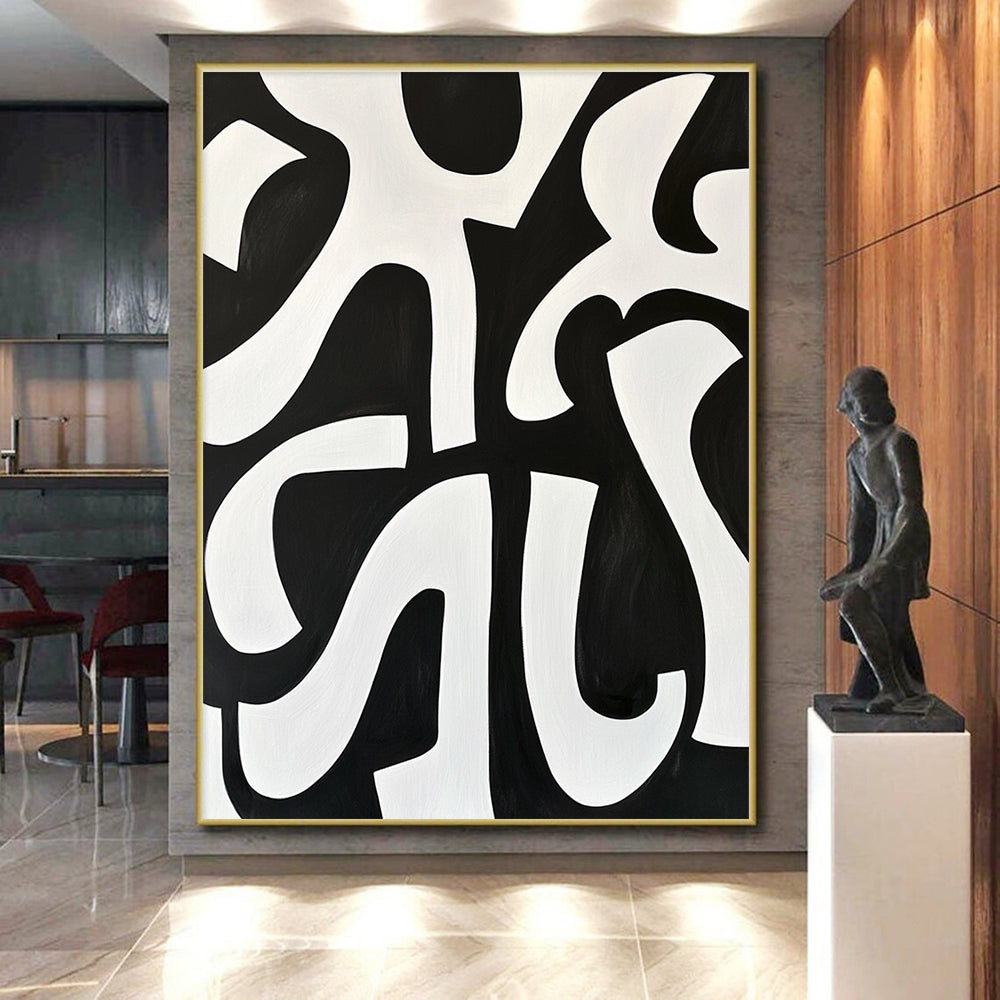 Black and White Curved Forms Abstract Painting with Dynamic Contrast WINK236