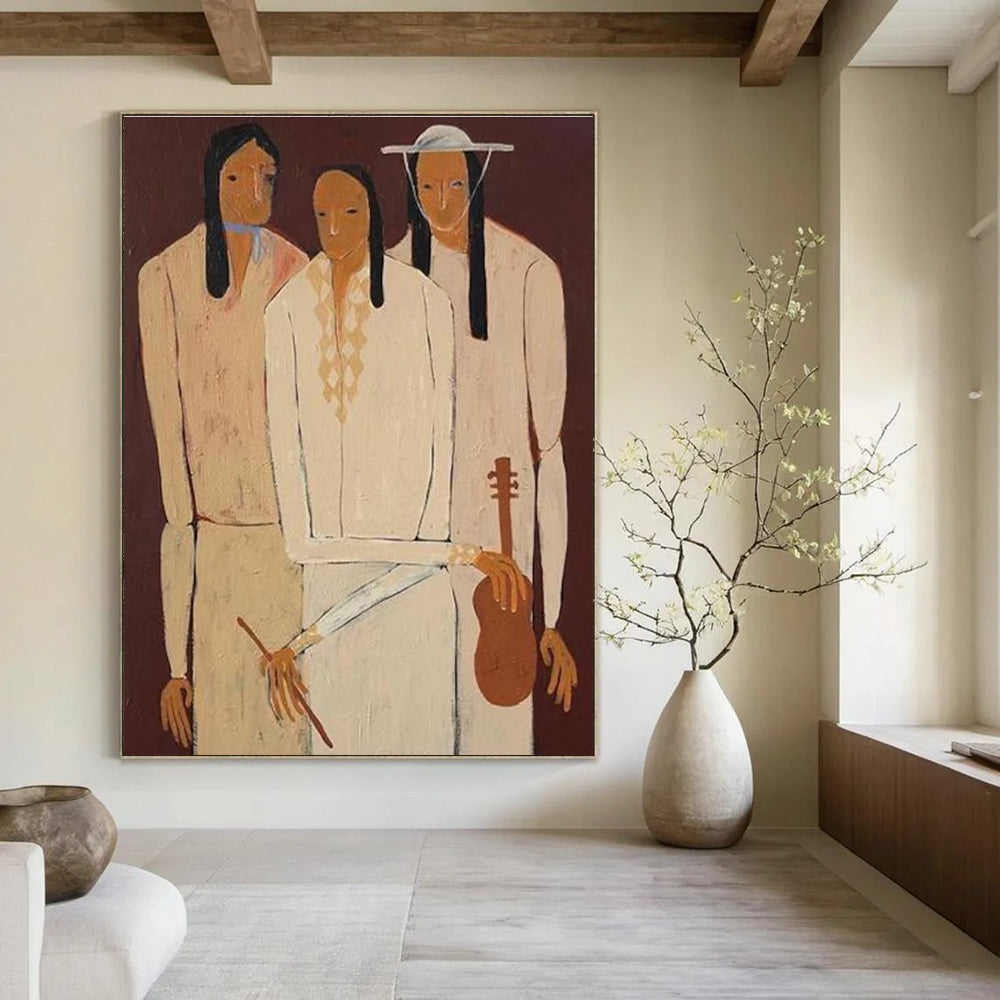 Three Figures in Traditional Attire Abstract Painting for Cultural Heritage Spaces HENG141