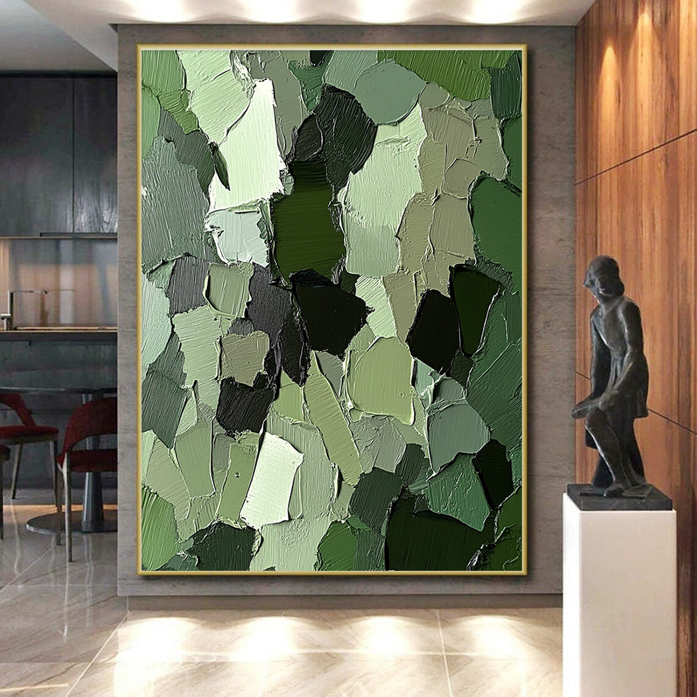 Green Patchwork Textured Abstract Painting with Playful Nature WINK107