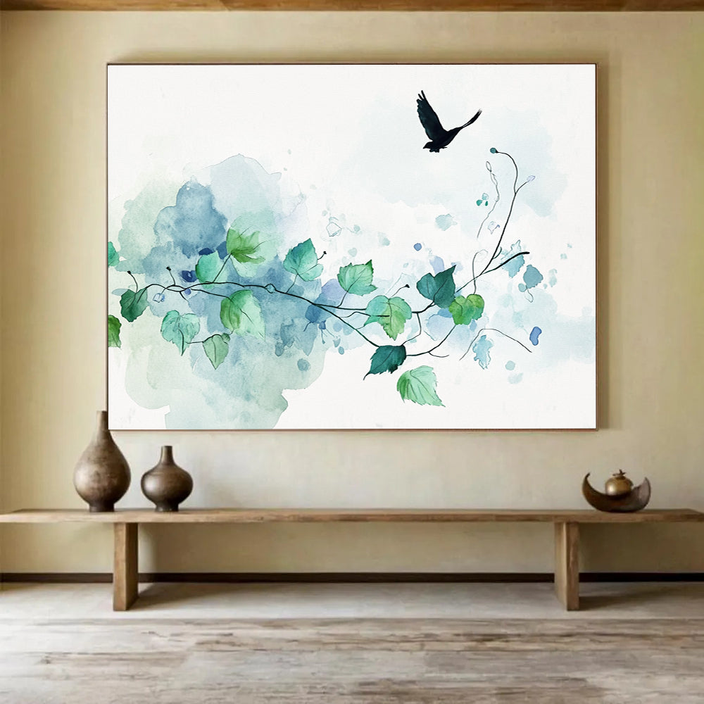 Watercolor Vine and Bird: Serene Nature’s Simplicity Abstract Painting ABS159
