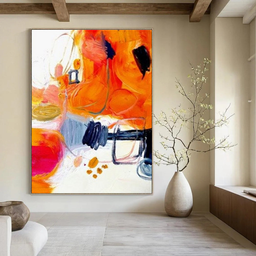Energetic Orange - Hued Abstract Forms Painting for Creative Spaces HENG272