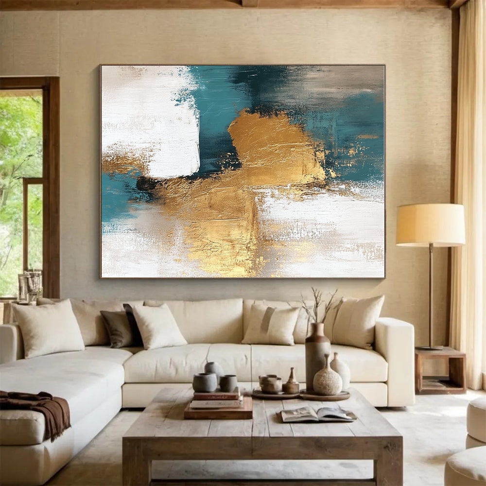 Teal Gold White Abstract Detail Painting with Intricate Textures WINK677