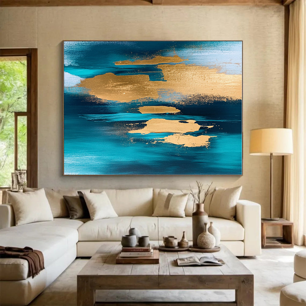 Teal - Gold Abstract Strokes Painting with Bold Radiance WINK381