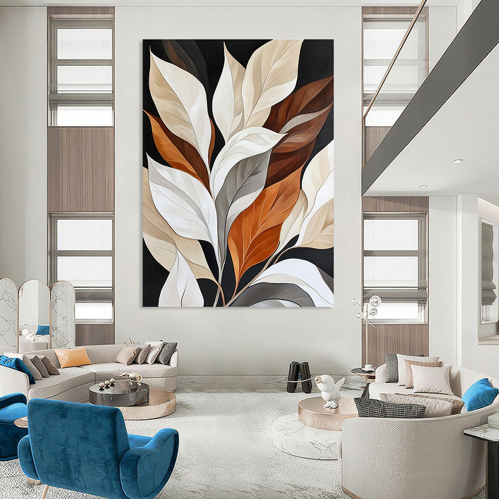 Colorful Leaves on Black Sophisticated Botanical Abstract Painting GAB0303