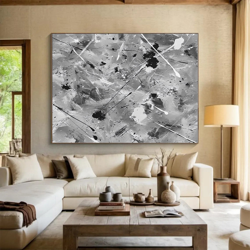 Black and White Splatter Abstract Painting with Dynamic Chaos WINK106