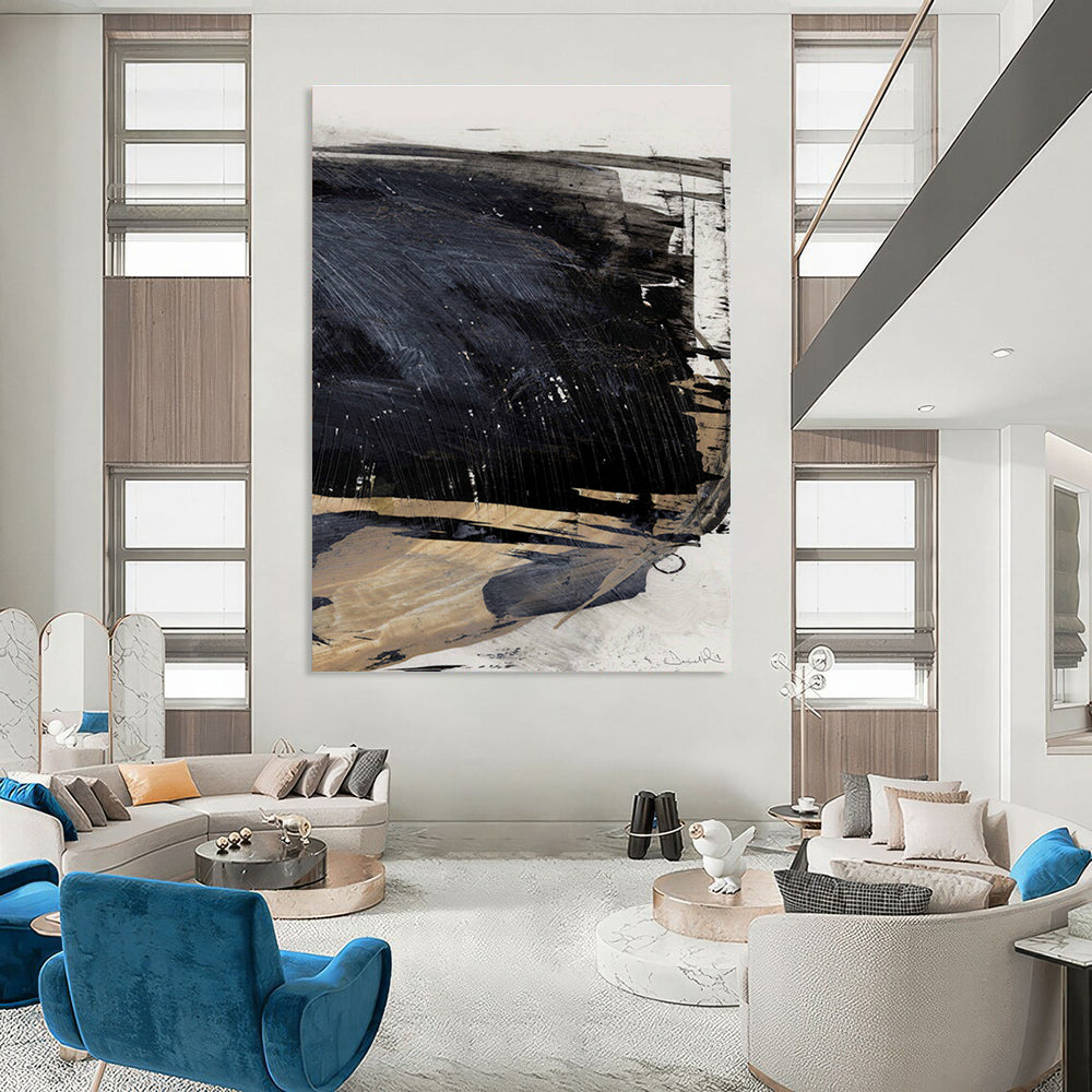 Dynamic Black - Beige Abstract Painting for Contemporary Art Exhibits HENG202
