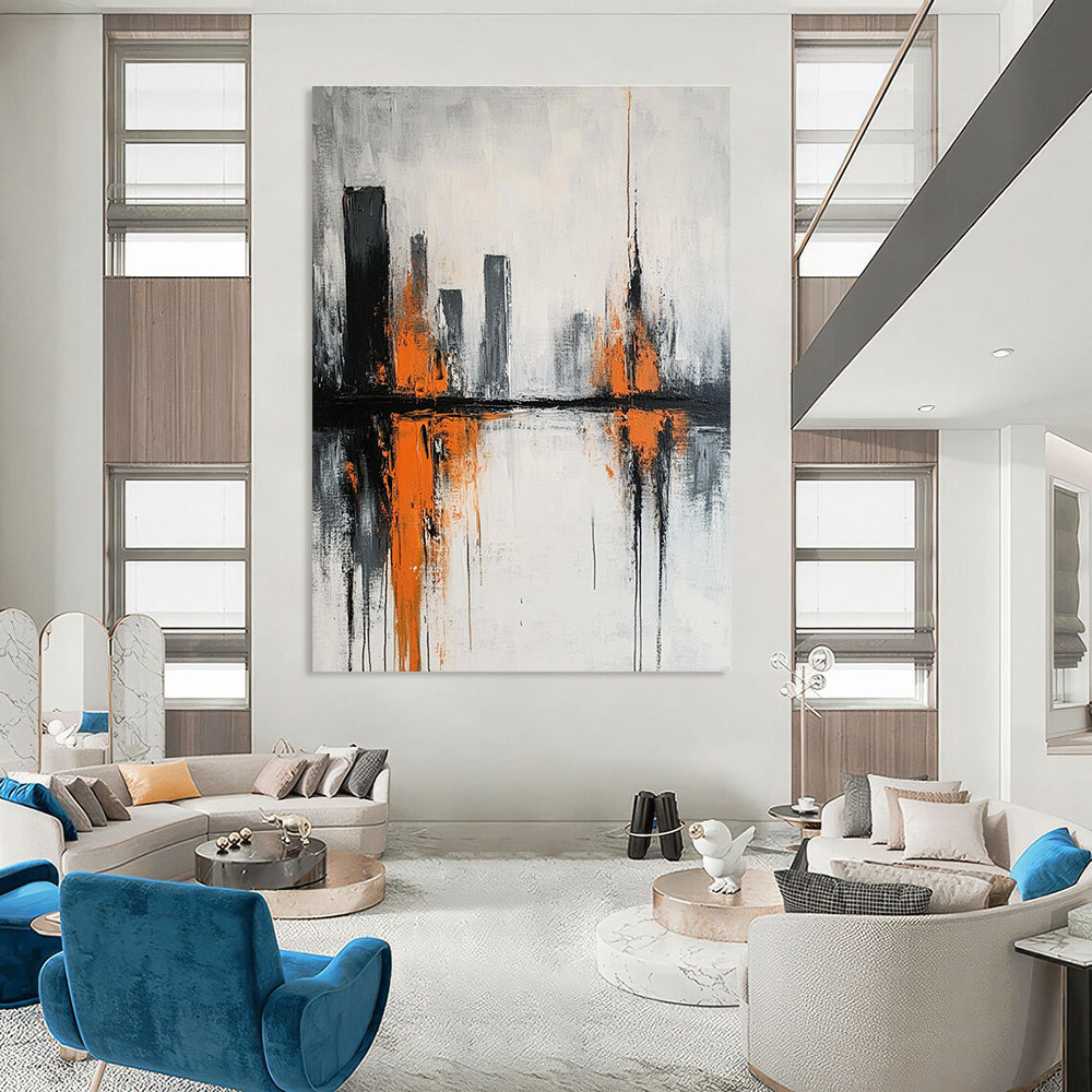 Abstract City Reflection Painting in Gray and Orange GAB0664