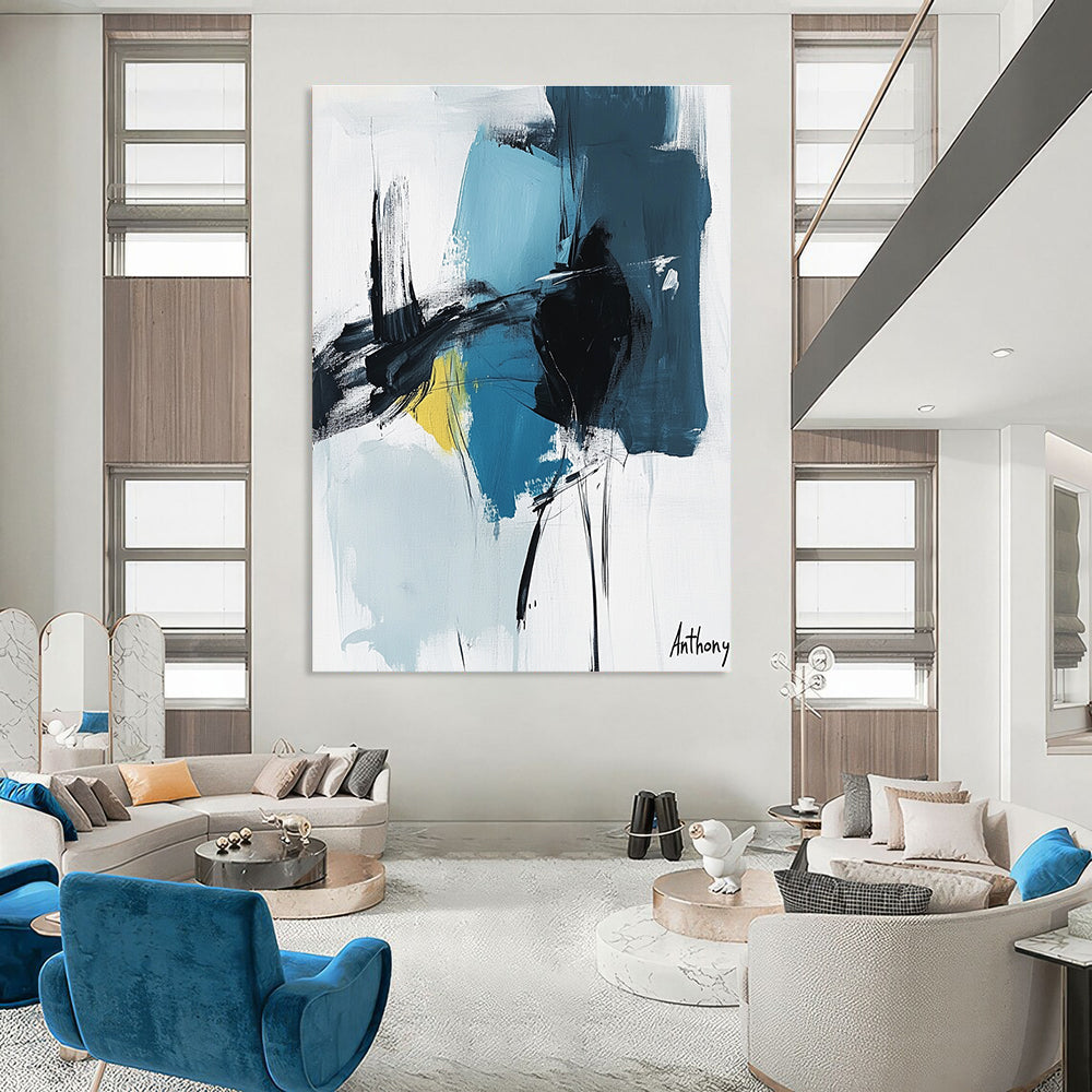 Bold Blue and Black Strokes Abstract Painting of Energetic Expression GAB0205