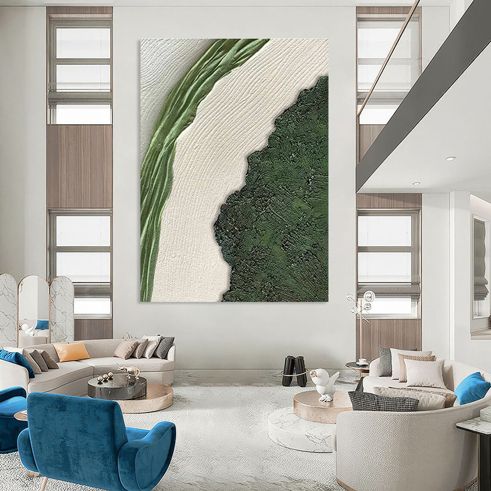Textured Green and White Landscape Painting for Nature - Inspired Minimalist Spaces HENG316