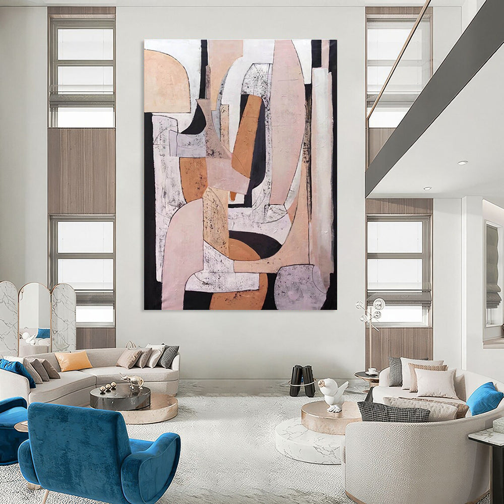 Modern Neutral - Toned Geometric Collage Painting for Contemporary Decor HENG252