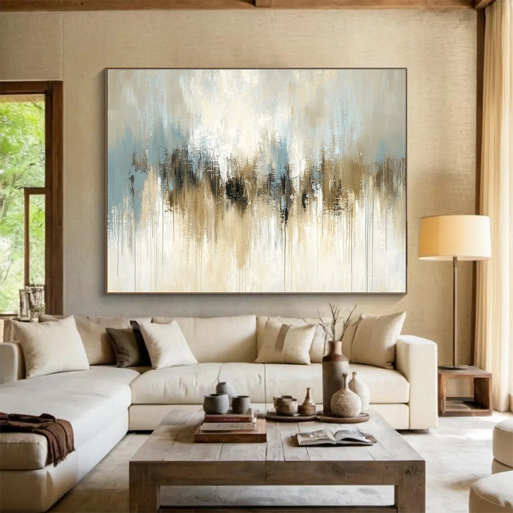 Beige and Blue Drip: Soft Hues in Flowing Forms Abstract Painting ABS171