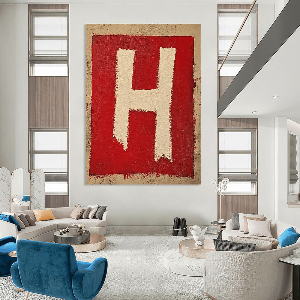 Red and White H Bold Graphic Abstract Painting GAB0324