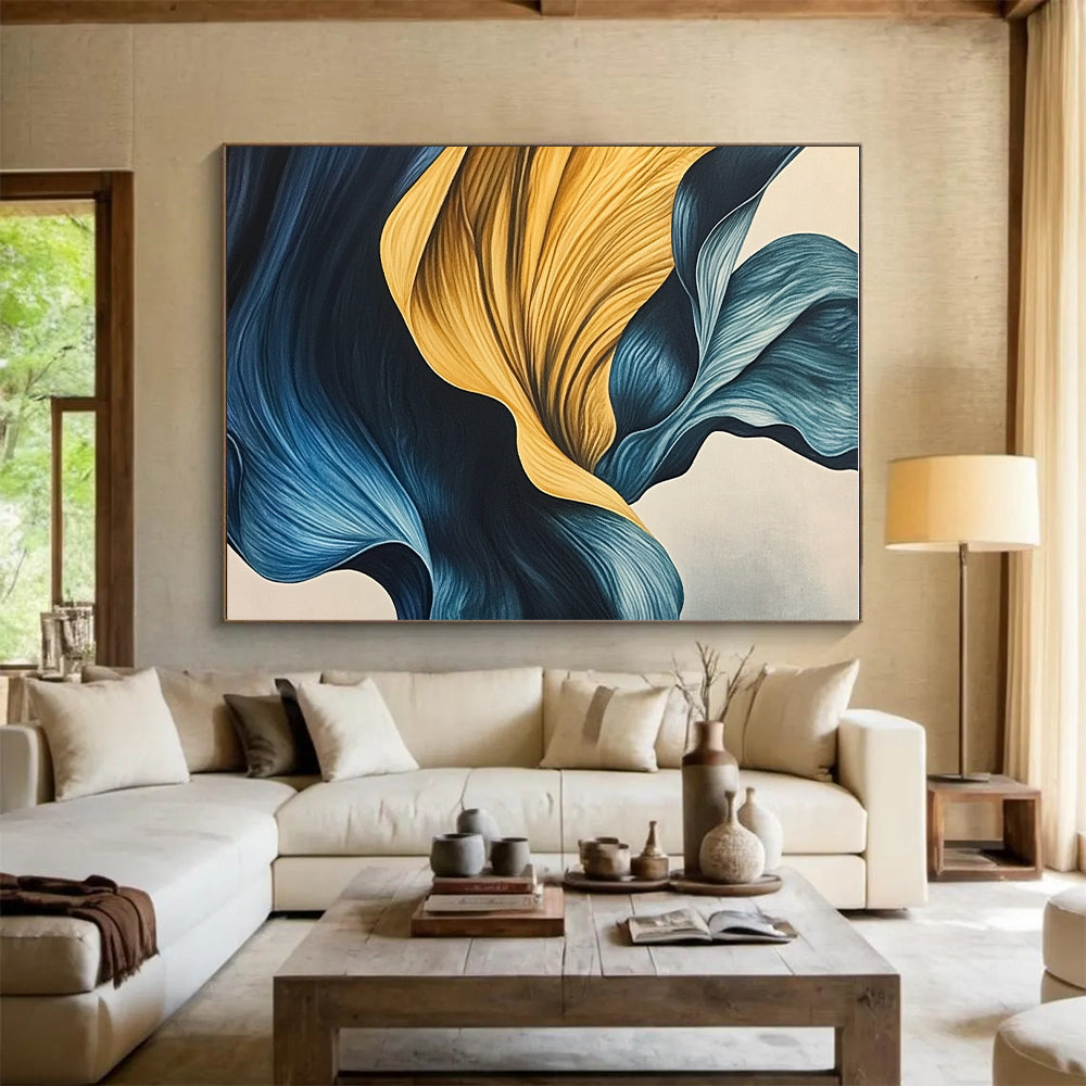 Blue and Yellow Flowing Shapes Abstract Painting with Graceful Movement WINK049