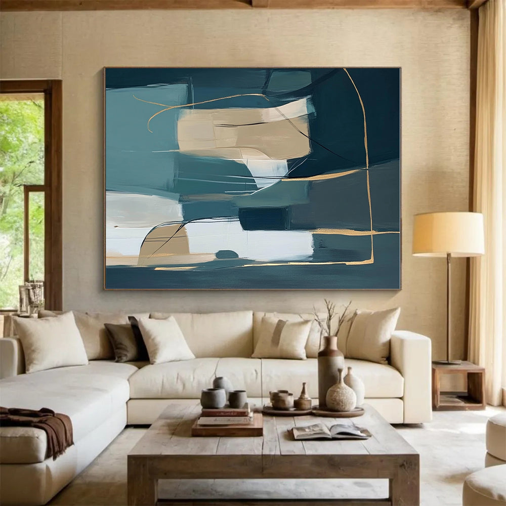 Teal Beige Gold Abstract Painting with Modern Sophistication WINK463