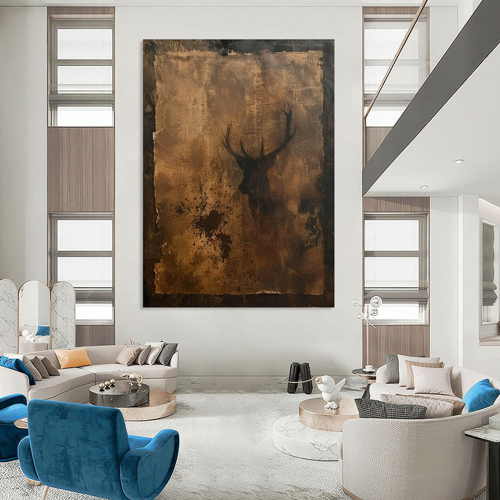 Vintage Deer Silhouette Mixed - Media Abstract Painting for Rustic - Style Cafes HENG475