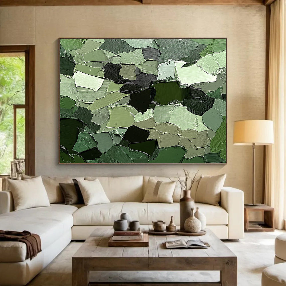 Green Patchwork Textured Abstract Painting with Playful Nature WINK107