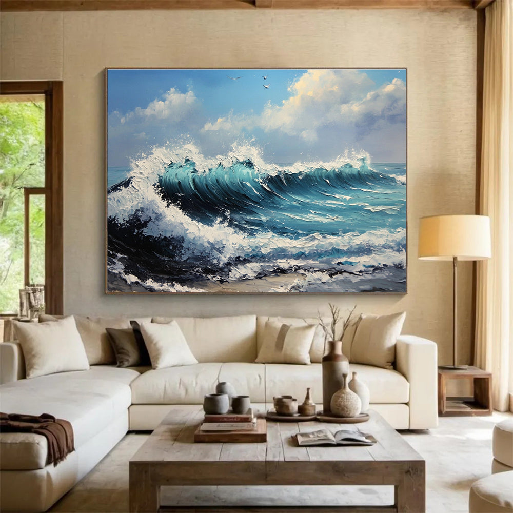 Crashing Waves and Birds Abstract Painting with Ocean Energy ABS599