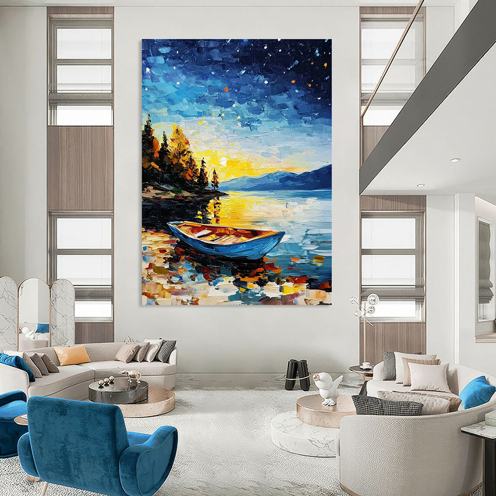 Colorful Lake at Night Abstract Painting for Nautical - Themed Living Rooms GAB1293