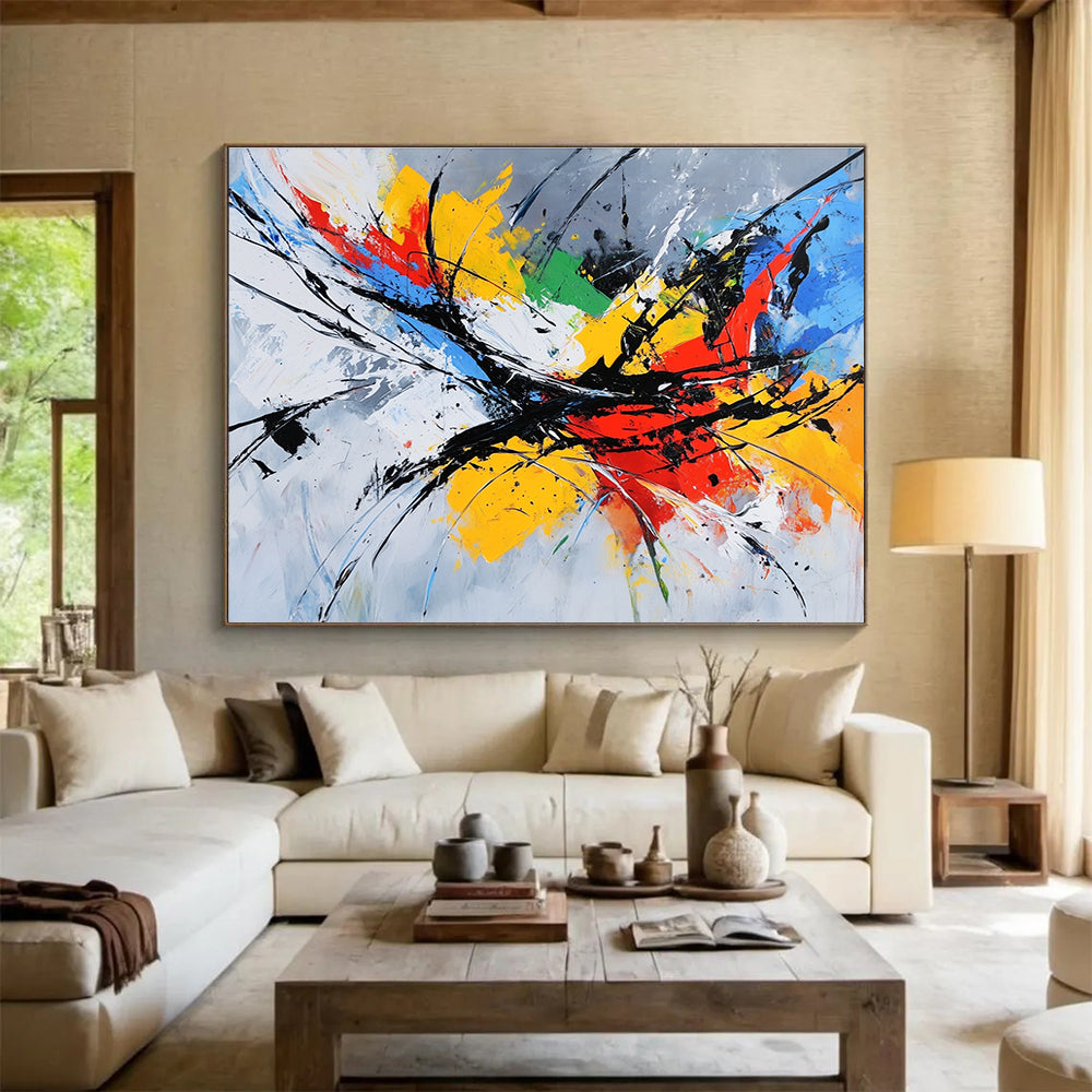 Colorful Expressive Splatter with Dynamic Black Lines Abstract Painting ABS332