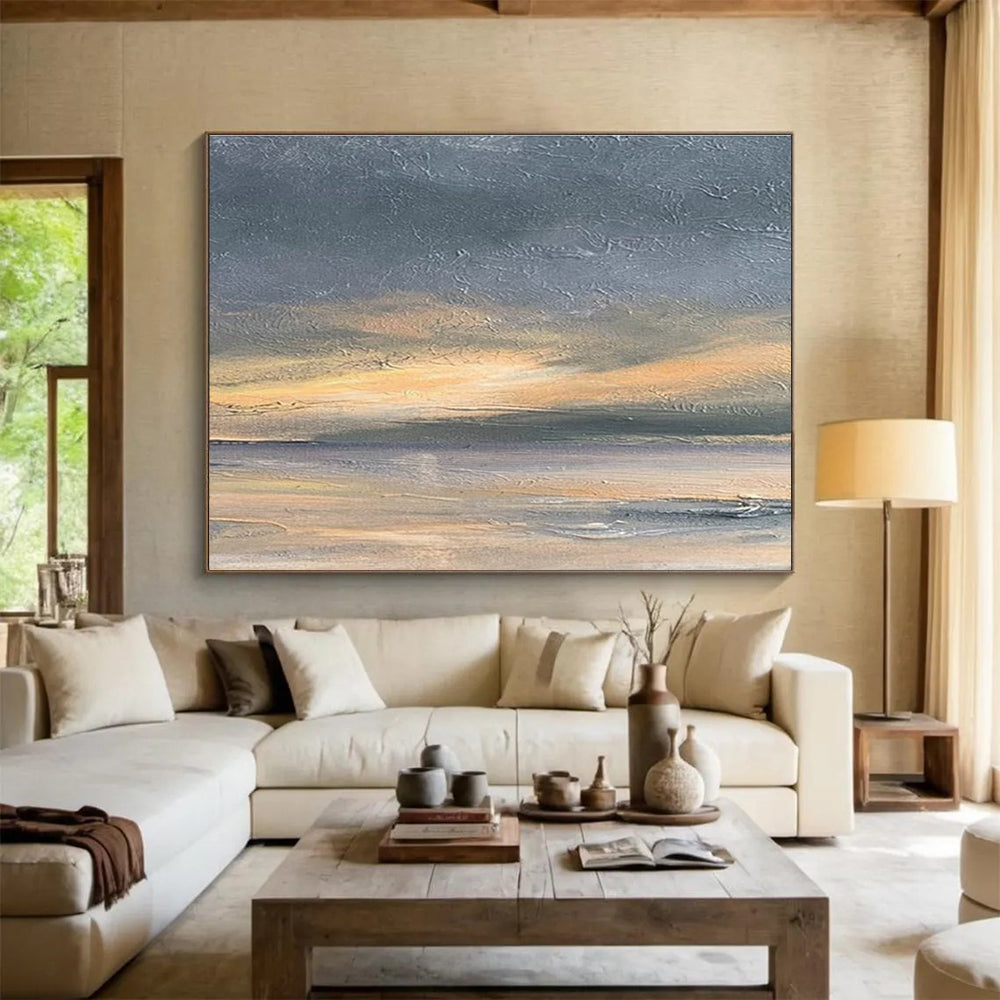 Sunset Over Calm Sea Abstract Painting for Coastal Homes YHT016