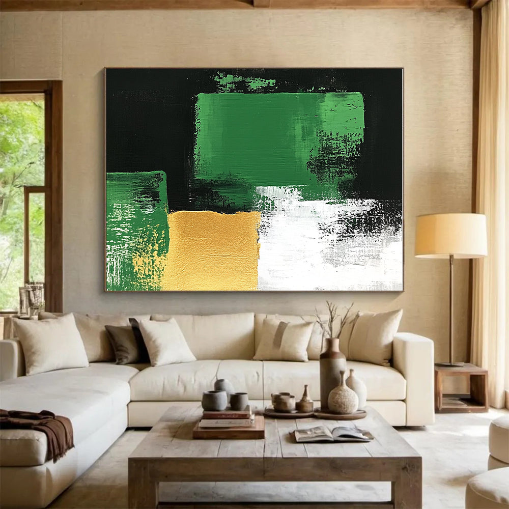 Green Gold Black Abstract Painting with Bold Geometry WINK678