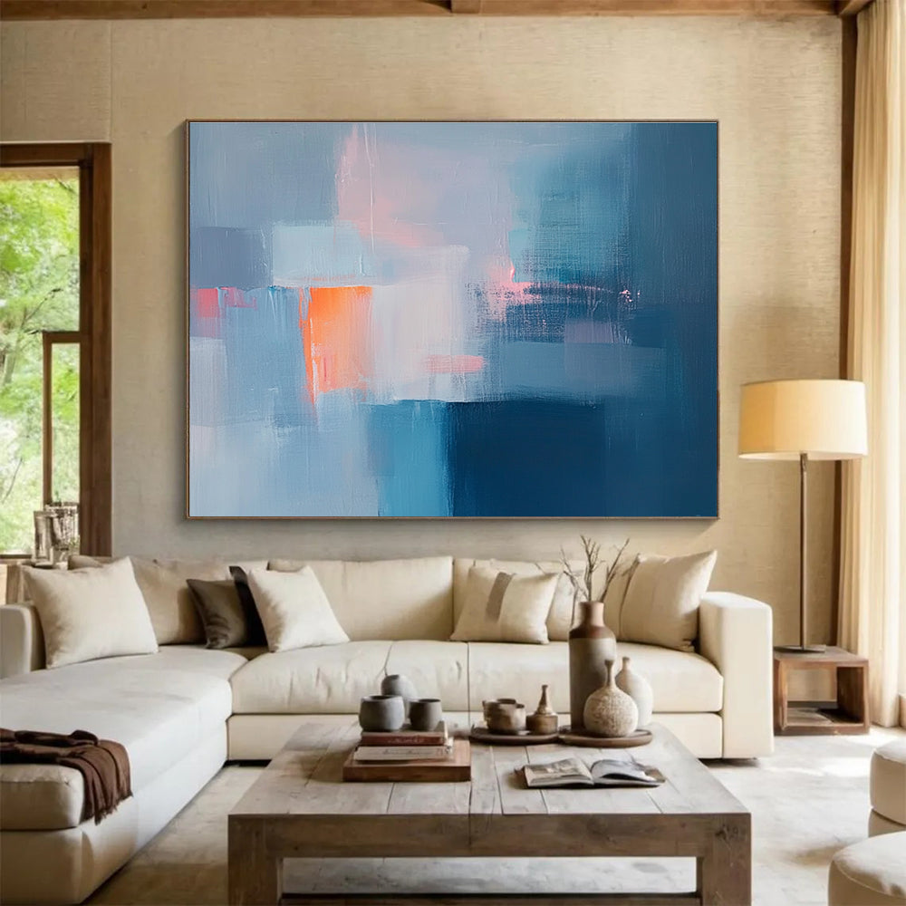 Blue and Orange Abstract Painting with Playful, Minimalist Blocks ABS477