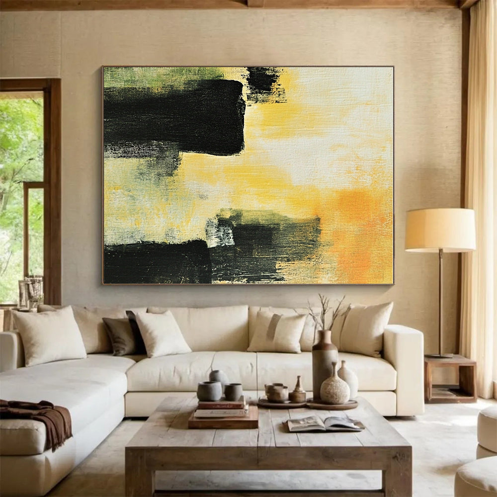 Yellow - Black Abstract Forms Painting with Dramatic Contrast WINK433