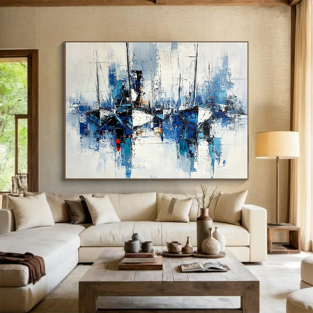 Blue - Toned Harbor Boats Scene Abstract Painting ABS191