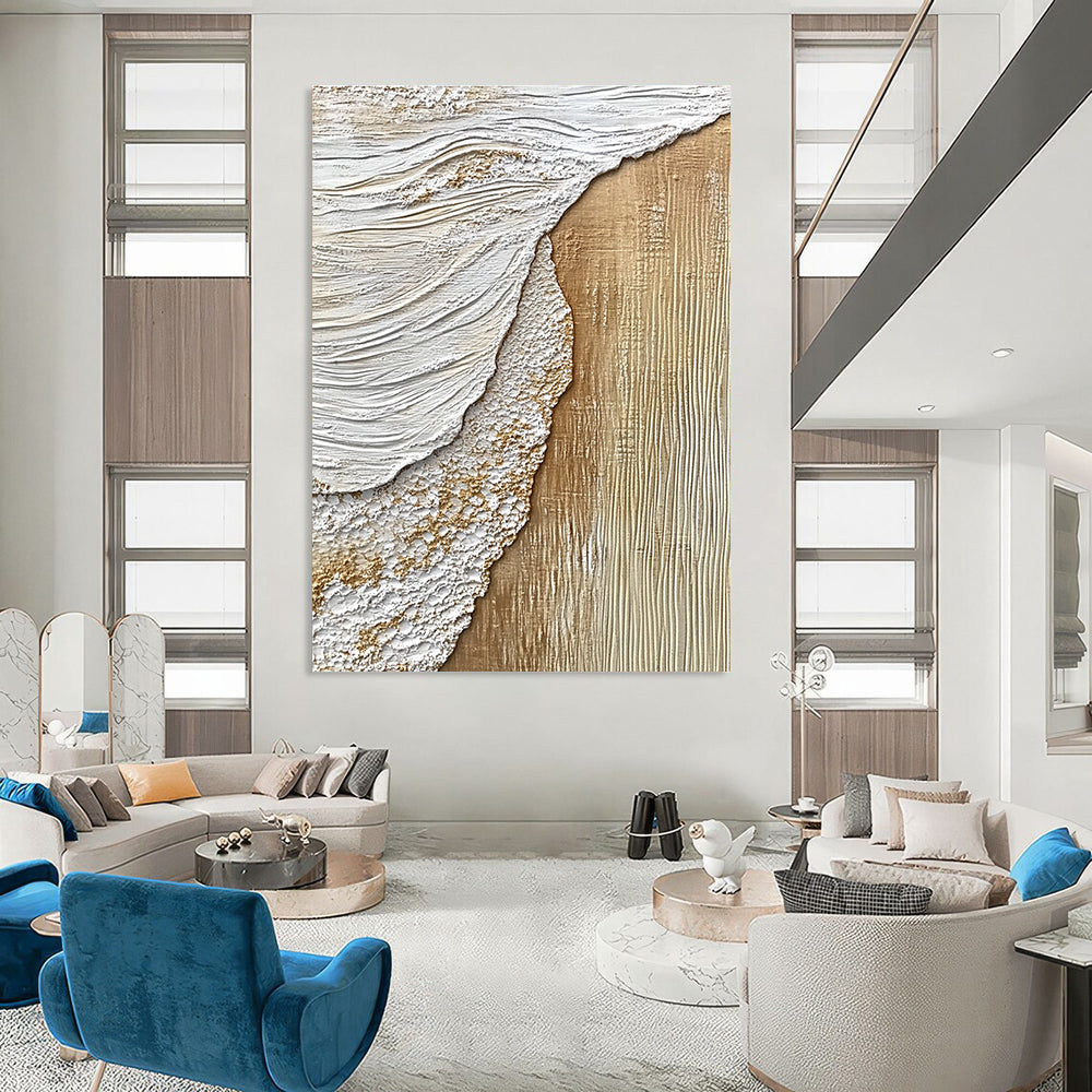 Beige and White Textured Shore Abstract Painting with Coastal Elements GAB0070