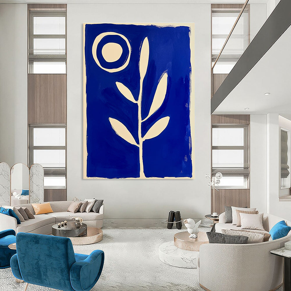 Blue and White Plant with Circle Abstract Painting GAB0040