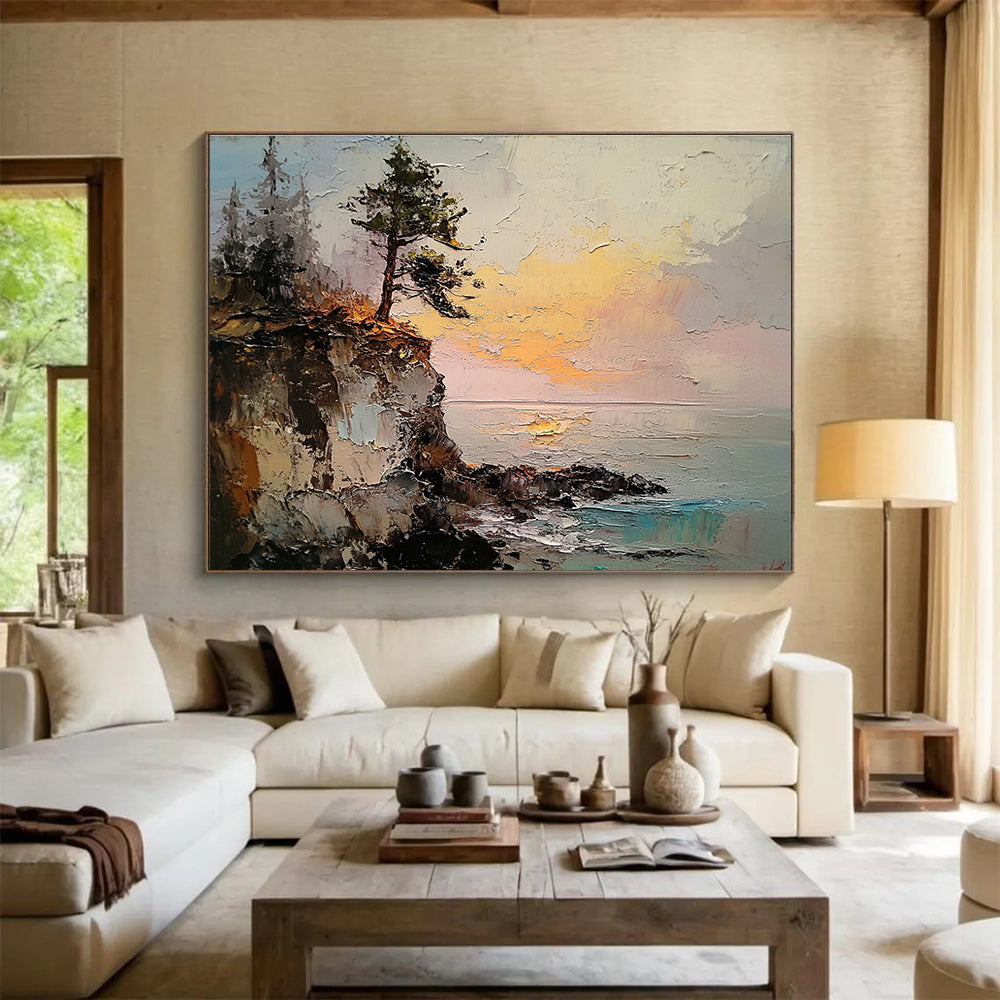 Tree on Cliff at Sunset Abstract Painting with Dramatic Light ABS593