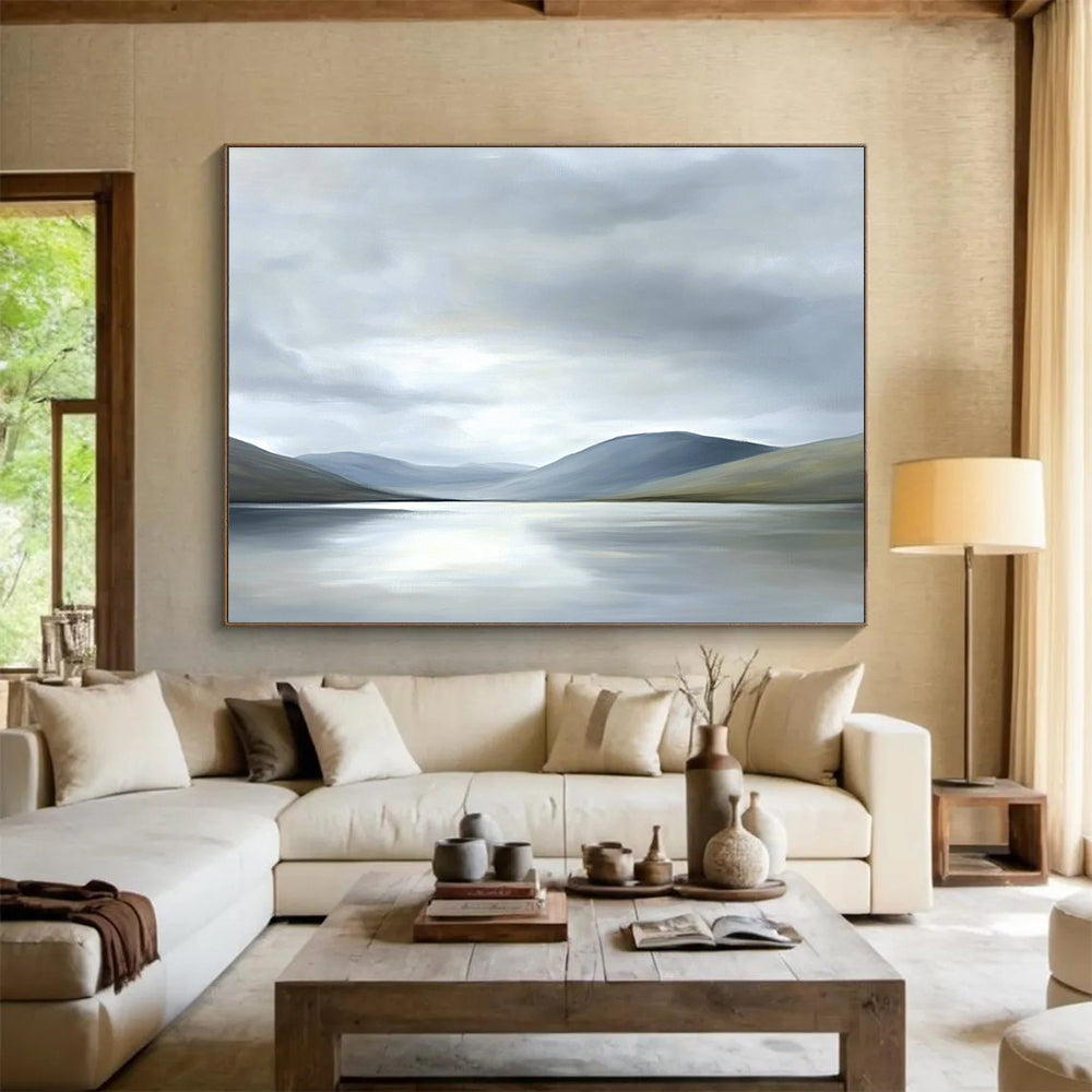 Gray Mountain Lake Abstract Painting with Muted Tones ABS290