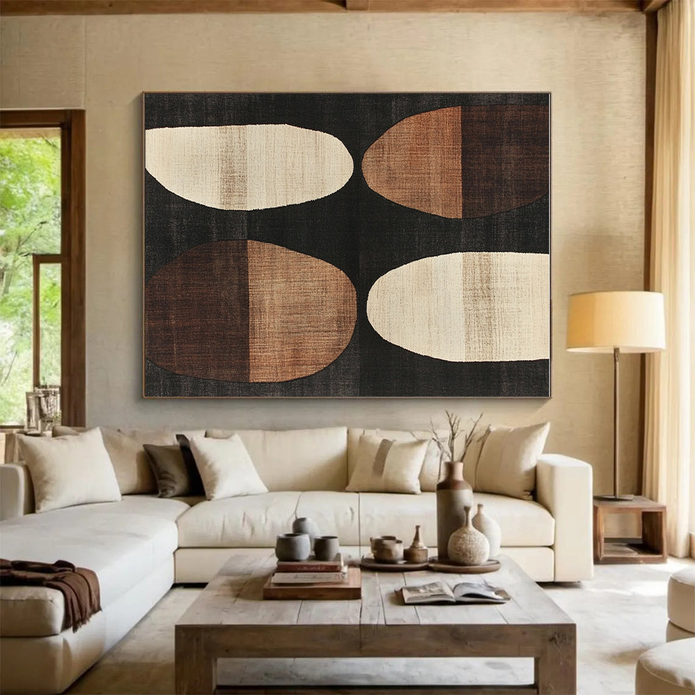 Brown and Black Oval Abstract Painting with Geometric Forms WINK840