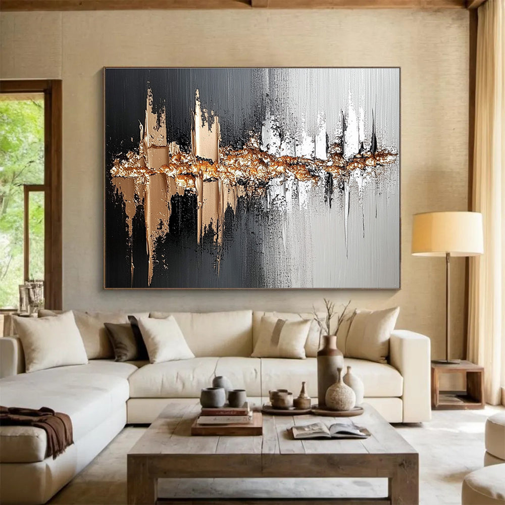 Black, White, and Gold Textured Abstract Painting ABS303