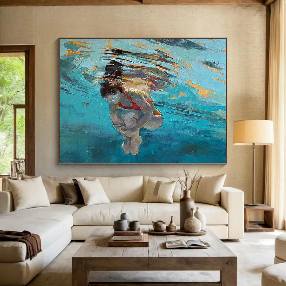 Underwater Swimmer Abstract Painting for Coastal Home Offices YHT247