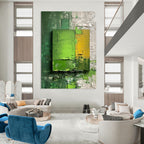 Green and Yellow Textured Squares Abstract Painting for Modern Dining Rooms HENG030